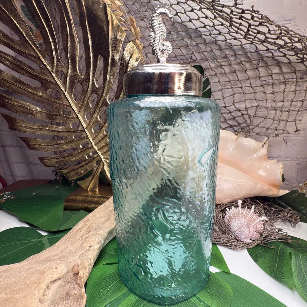 NEW LG Sea Green Embossed Glass Container w Metal Lid w Seahorse Topper